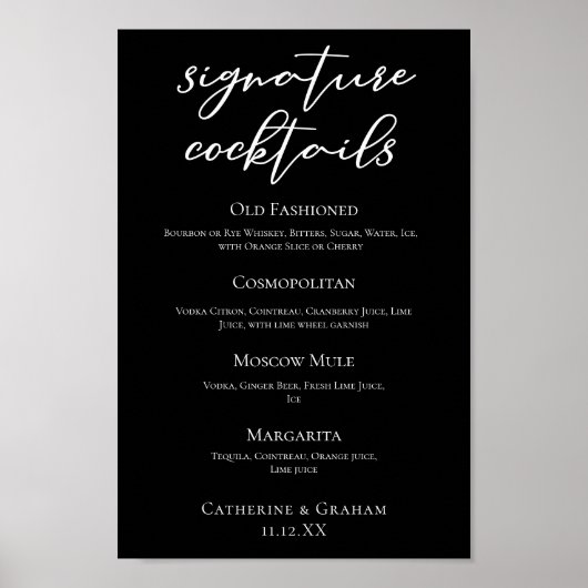 Chic Black Wedding Signature Cocktails Bar Menu Poster (Vorne)