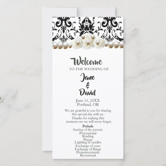Chic Black & White Damask Pearl Wedding Program (Vorderseite)