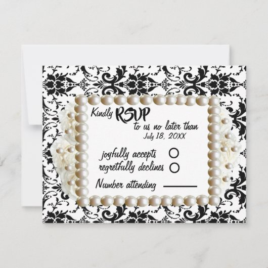 Chic Black $ White Damask Pearl Wedding RSVP Karte (Vorderseite)