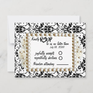 Chic Black $ White Damask Pearl Wedding RSVP Karte