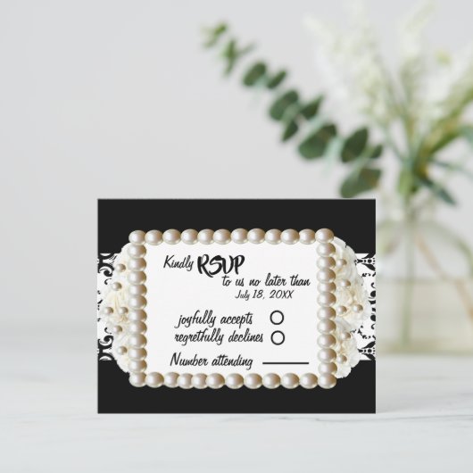 Chic Black $ White Damask Pearl Wedding RSVP Karte (Stehend Vorderseite)
