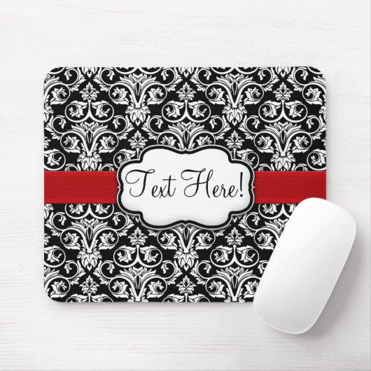 Chic Black/White Damask Red Ribbon Mousepad (Mit Mouse)