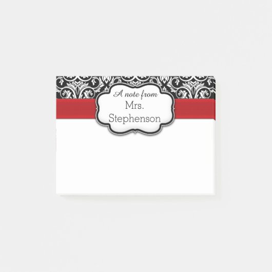 Chic Black/White Damask Red Ribbon Teacher/Women's Post-it Klebezettel (Vorderseite)
