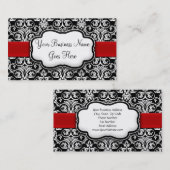 Chic Black/White Damask Red Ribbon Visitenkarte (Vorne/Hinten)