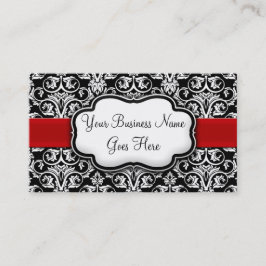 Chic Black/White Damask Red Ribbon Visitenkarte