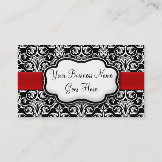 Chic Black/White Damask Red Ribbon Visitenkarte (Vorderseite)