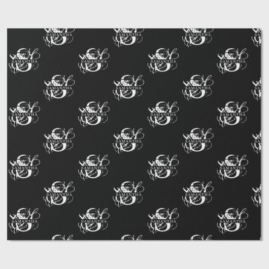 Chic Black & White Distressed Script Monogram Geschenkpapier (Flach)