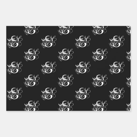 Chic Black & White Distressed Script Monogram Geschenkpapier Set (Vorderseite 2)