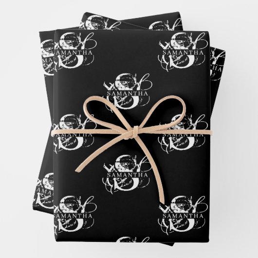 Chic Black & White Distressed Script Monogram Geschenkpapier Set (Beispiel)