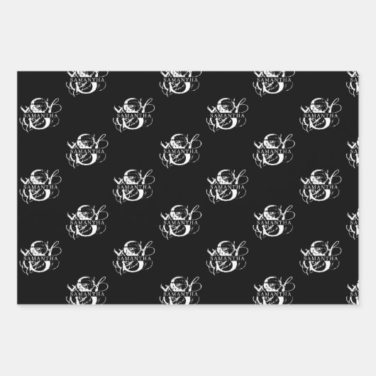 Chic Black & White Distressed Script Monogram Geschenkpapier Set (Vorderseite)