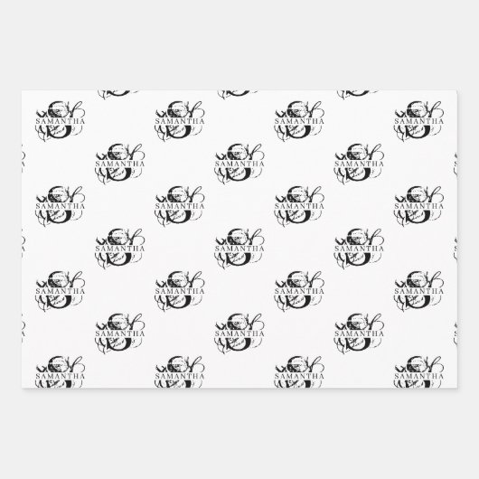 Chic Black & White Distressed Script Monogram Geschenkpapier Set (Vorderseite 3)
