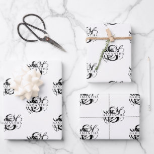 Chic Black & White Distressed Script Monogram Geschenkpapier Set