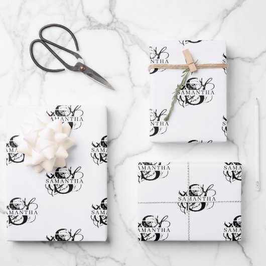Chic Black & White Distressed Script Monogram Geschenkpapier Set (Vorderseite)