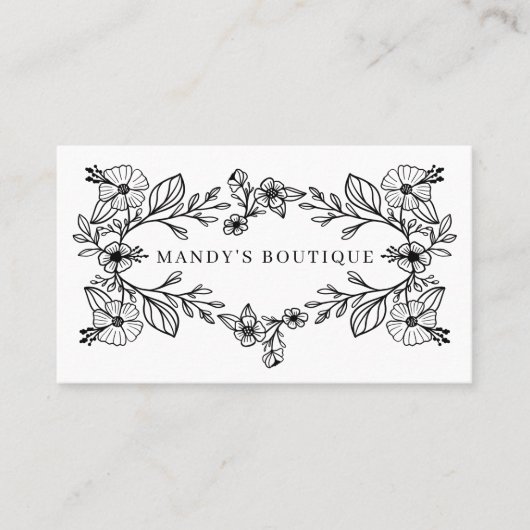 Chic Black & White Floral Botanic Floral Wreath Visitenkarte (Vorderseite)