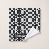 Chic Black & White Floral Checkerboard Custom Name Badhandtuch Set (Waschlappen)