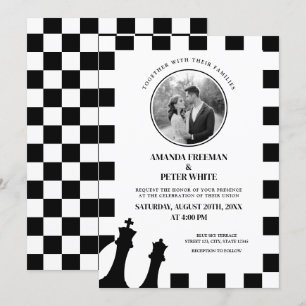Chic Black & White Foto Scheckmuster Hochzeit Einladung