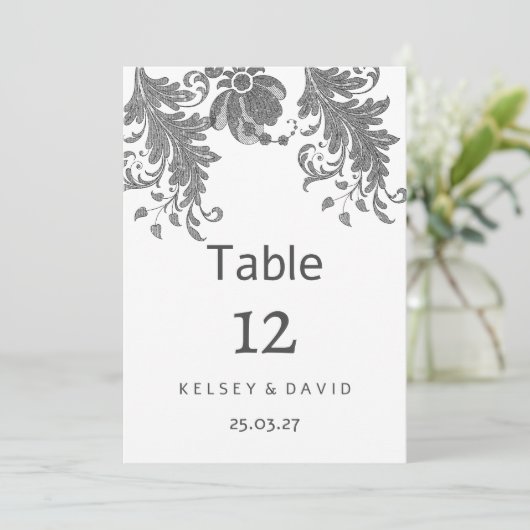 Chic black white glitter floral lace Table Numbers Einladung (Stehend Vorderseite)