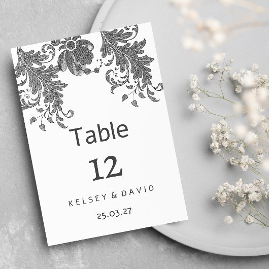 Chic black white glitter floral lace Table Numbers Einladung