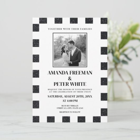 Chic Black & White Glitzer Einladung (Stehend Vorderseite)