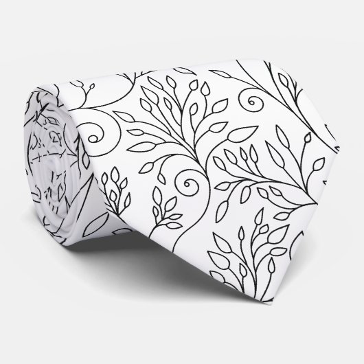 Chic Black White Line Art Vines Floral Pattern Krawatte (Gerollt)