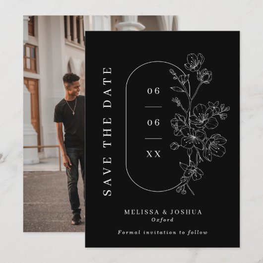 Chic Black & White Line Gezeichnet florale Foto Ho Save The Date (Vorne/Hinten)