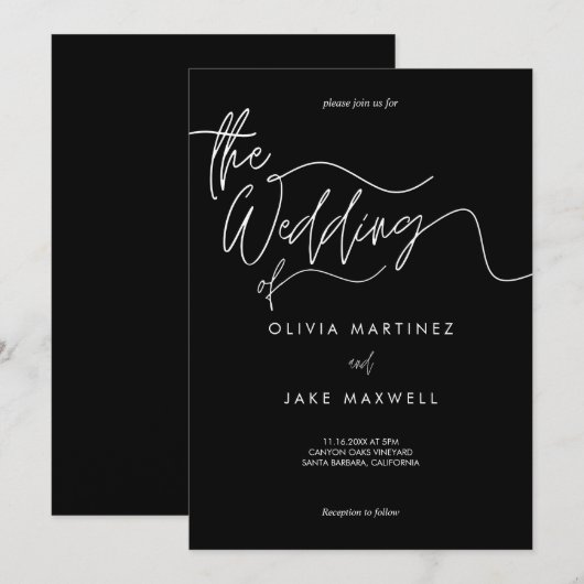 Chic Black & White Modern Script Hochzeit Einladung (Vorne/Hinten)