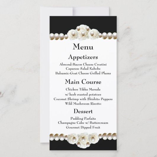 Chic Black & White Pearl Wedding Menu (Vorderseite)