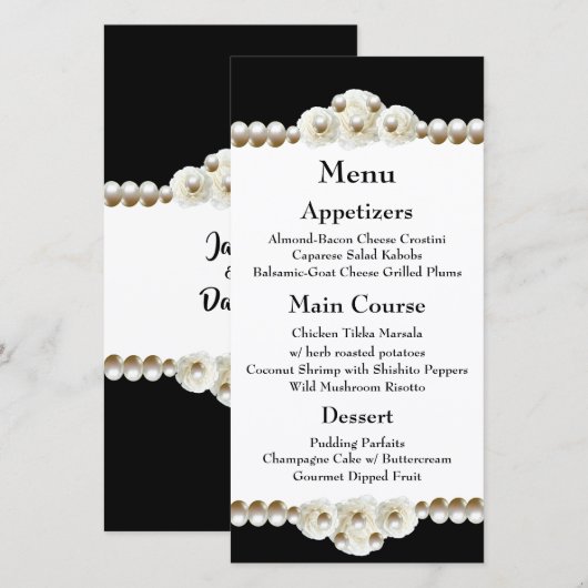 Chic Black & White Pearl Wedding Menu (Vorne/Hinten)