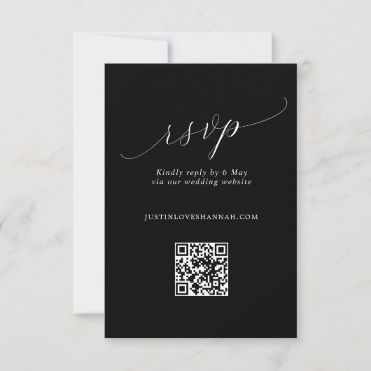 Chic Black & White Romantic Script Wedding QR Code RSVP Karte (Vorderseite)