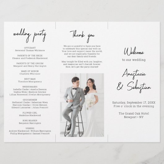 Chic Black & White Script Dreifach-Hochzeitsprogra Flyer (Vorne)