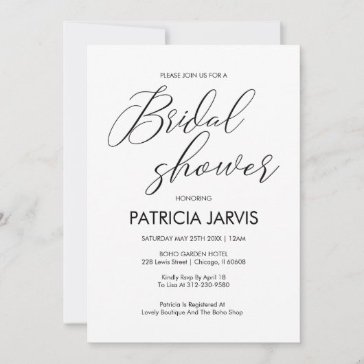 Chic Black & White Script Letters Brautparty Einladung (Vorderseite)