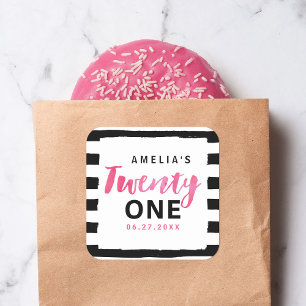 Chic Black & White Streifen Pink 21. Geburtstag Quadratischer Aufkleber
