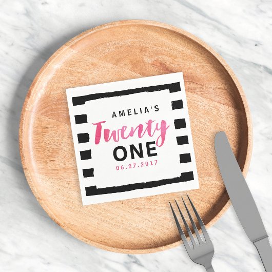 Chic Black & White Streifen Pink 21. Geburtstag Serviette