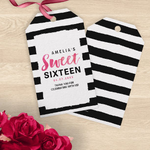 Chic Black & White Streifen Pink Sweet 16 Geburtst Geschenkanhänger