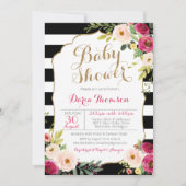 Chic Black & White Stripe Pink Floral Baby Dusche Einladung (Vorderseite)