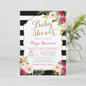 Chic Black & White Stripe Pink Floral Baby Dusche Einladung (Stehend Vorderseite)