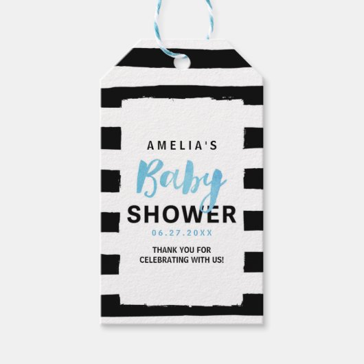 Chic Black & White Stripes Blue Baby Dusche Geschenkanhänger (Vorderseite)