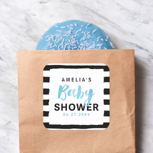 Chic Black & White Stripes Blue Baby Dusche Quadratischer Aufkleber