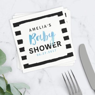 Chic Black & White Stripes Blue Baby Dusche Serviette