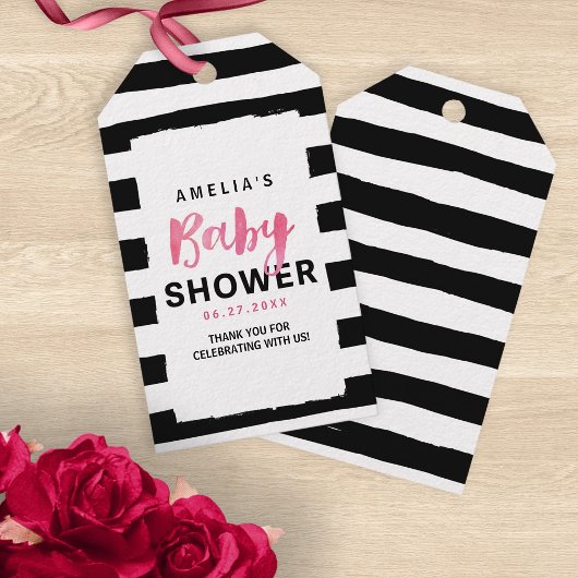 Chic Black & White Stripes Pink Babydusche Geschenkanhänger
