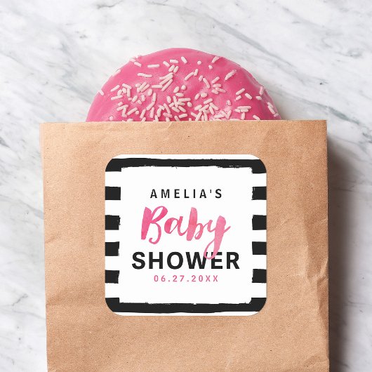 Chic Black & White Stripes Pink Babydusche Quadratischer Aufkleber