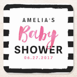 Chic Black & White Stripes Pink Babydusche Rechteckiger Pappuntersetzer