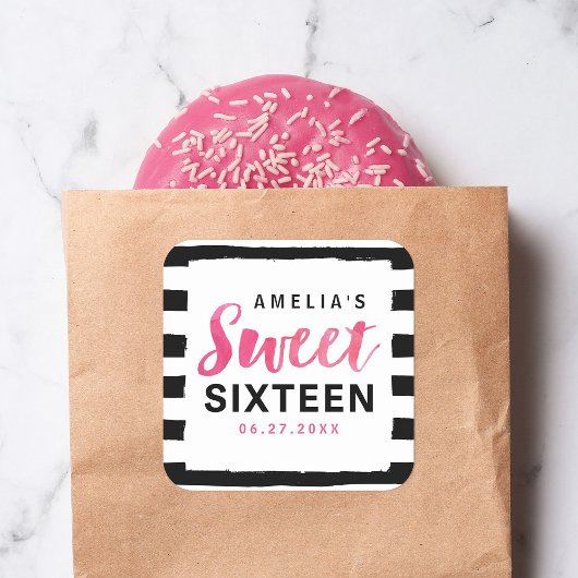 Chic Black & White Stripes Rosa Sweet 16 Quadratischer Aufkleber