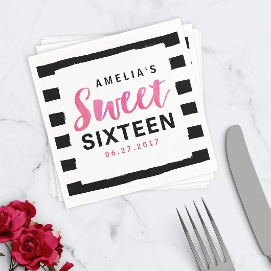 Chic Black & White Stripes Sweet 16 Geburtstag Serviette