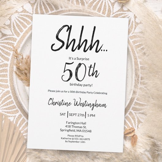 Chic Black White Surprise 50th Birthday Einladung