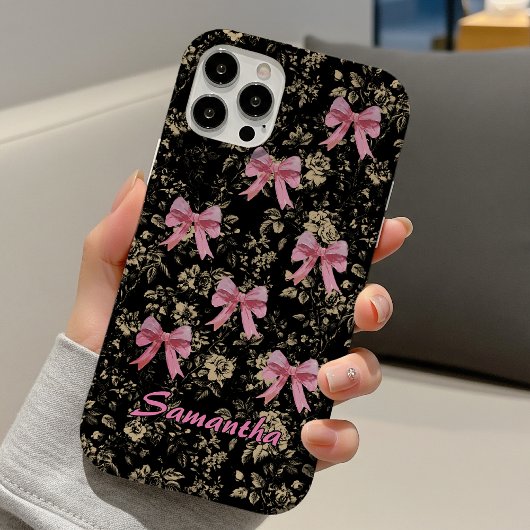 Chic black white toile pink coquette bows monogram Case-Mate iPhone hülle
