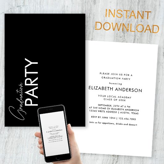 Chic Black & White Typografy Graduation Party Einladung