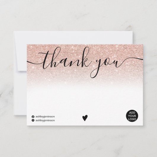 Chic Blanc Dankeschön Rose gold Glitzer ombre Logo Dankeskarte (Vorderseite)