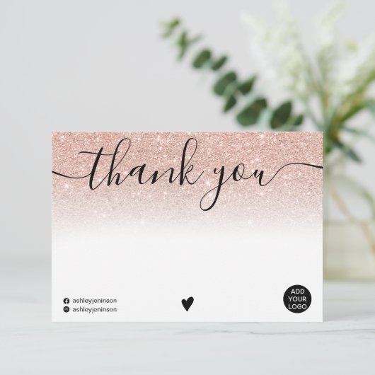 Chic Blanc Dankeschön Rose gold Glitzer ombre Logo Dankeskarte (Stehend Vorderseite)