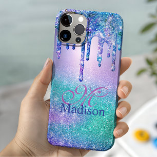 Chic blau violett Ombre Glitter-Tropfen Monogramm Case-Mate iPhone 14 Hülle